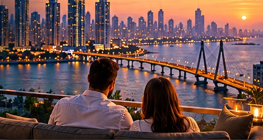 Mumbai skyline at sunset with a couple looking out over the city